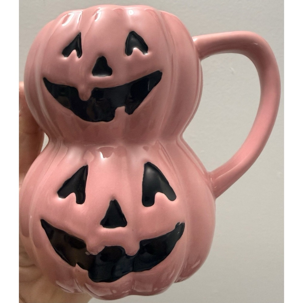 LANG Pink Pumpkin Mug Double Jack O Lantern Halloween Ceramic Coffee Cup